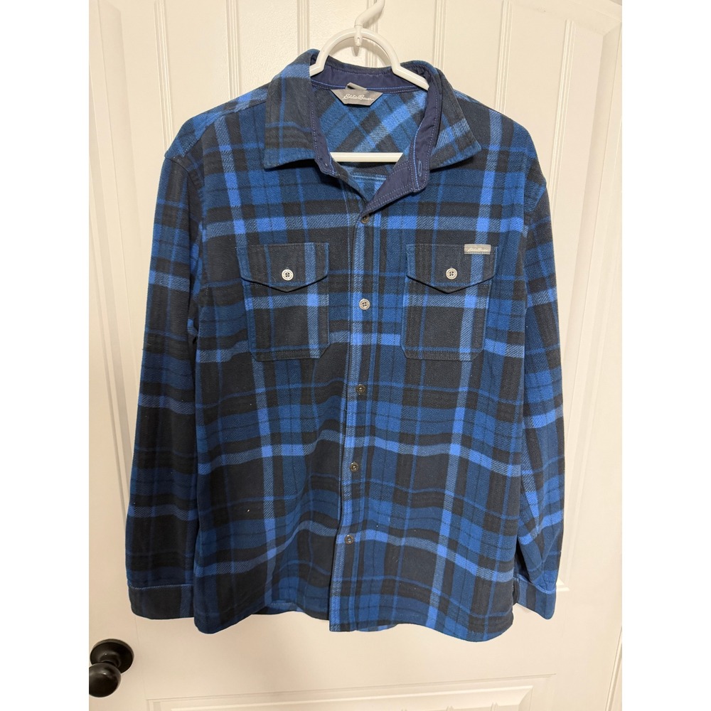 Eddie Bauer Shirt Mens Medium Blue Black Plaid Fleece Button Down Outdoor EUC